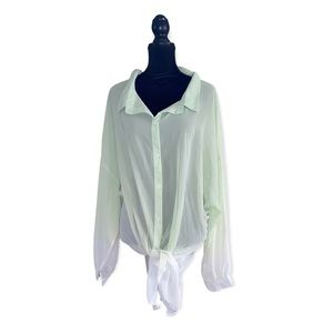 Ombré two tone green / white sheer long sleeve blouse XXL-2X
